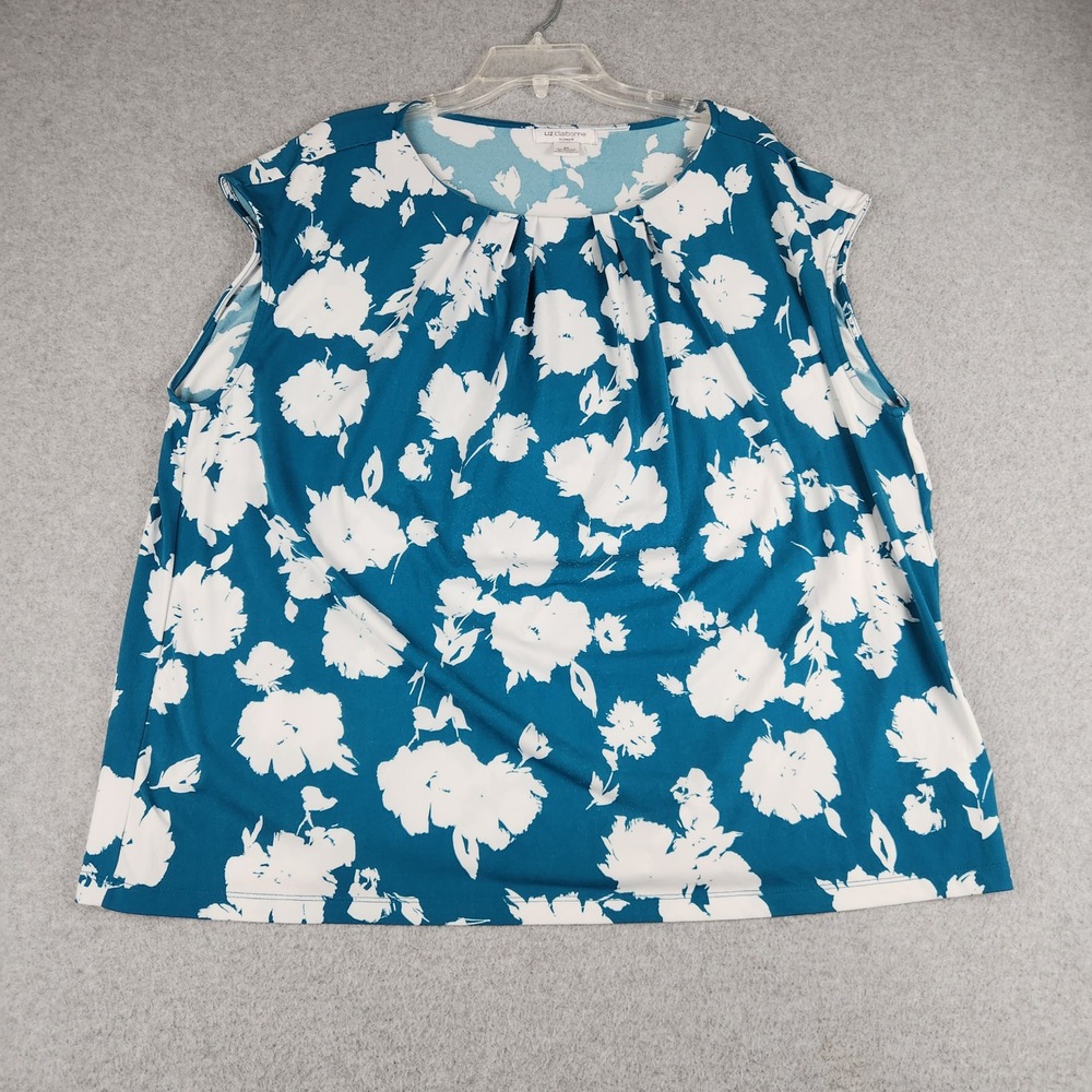Liz Claiborne Blouse Top Womens 2X Teal Floral Sleeveless‎ Stretch Pleated Neck